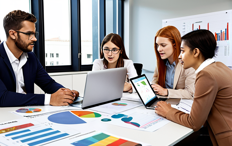**
A diverse group of young professionals collaborating around a table covered in documents related to environmental reports and audits. Focus on the bright, modern office environment and the collaborative spirit. Include visual elements like charts displaying environmental data, laptops, and coffee cups. The overall mood should be optimistic and engaging, showcasing the practical aspects of environmental management.
**