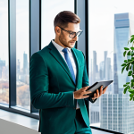 A professional environmental manager, fully clothed in a modest business suit, stands confidently in a bright, modern office with large windows overlooking a city skyline. They are reviewing sustainability data on a tablet, symbolizing corporate responsibility and environmental efforts. The setting includes subtle green elements like indoor plants and natural light. safe for work, appropriate content, professional, perfect anatomy, correct proportions, natural pose, well-formed hands, proper finger count, natural body proportions, professional photography, high quality.