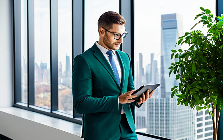 A professional environmental manager, fully clothed in a modest business suit, stands confidently in a bright, modern office with large windows overlooking a city skyline. They are reviewing sustainability data on a tablet, symbolizing corporate responsibility and environmental efforts. The setting includes subtle green elements like indoor plants and natural light. safe for work, appropriate content, professional, perfect anatomy, correct proportions, natural pose, well-formed hands, proper finger count, natural body proportions, professional photography, high quality.