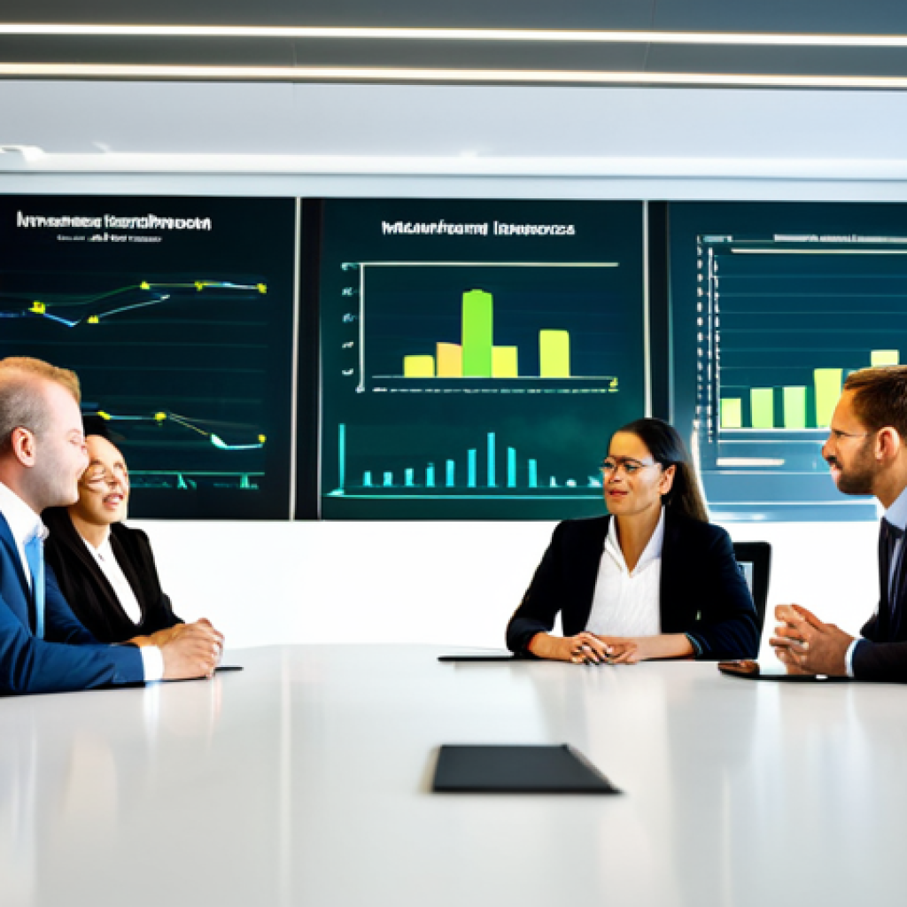 A diverse group of professional business executives, mixed gender, fully clothed in modest business suits and professional dresses, are collaboratively brainstorming in a brightly lit, modern corporate boardroom. A large digital screen displays an infographic that seamlessly merges financial growth curves with vibrant green environmental data and sustainability metrics. The subjects appear focused and engaged, embodying forward-thinking strategies. The room features clean lines and subtle natural elements, fostering an atmosphere of innovation. Professional photography, high resolution, soft lighting, safe for work, appropriate content, fully clothed, professional, perfect anatomy, correct proportions, natural pose, well-formed hands, proper finger count, natural body proportions.
