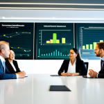 A diverse group of professional business executives, mixed gender, fully clothed in modest business suits and professional dresses, are collaboratively brainstorming in a brightly lit, modern corporate boardroom. A large digital screen displays an infographic that seamlessly merges financial growth curves with vibrant green environmental data and sustainability metrics. The subjects appear focused and engaged, embodying forward-thinking strategies. The room features clean lines and subtle natural elements, fostering an atmosphere of innovation. Professional photography, high resolution, soft lighting, safe for work, appropriate content, fully clothed, professional, perfect anatomy, correct proportions, natural pose, well-formed hands, proper finger count, natural body proportions.
