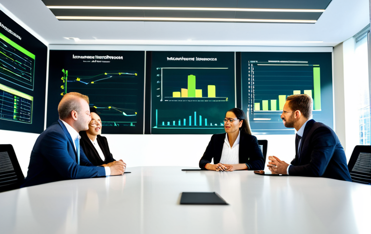 A diverse group of professional business executives, mixed gender, fully clothed in modest business suits and professional dresses, are collaboratively brainstorming in a brightly lit, modern corporate boardroom. A large digital screen displays an infographic that seamlessly merges financial growth curves with vibrant green environmental data and sustainability metrics. The subjects appear focused and engaged, embodying forward-thinking strategies. The room features clean lines and subtle natural elements, fostering an atmosphere of innovation. Professional photography, high resolution, soft lighting, safe for work, appropriate content, fully clothed, professional, perfect anatomy, correct proportions, natural pose, well-formed hands, proper finger count, natural body proportions.