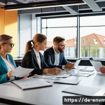 Home 21 환경경영 자격증 취득을 위한 학습법 - A modern office environment in Germany with a diverse group of professionals collaborating around a ...