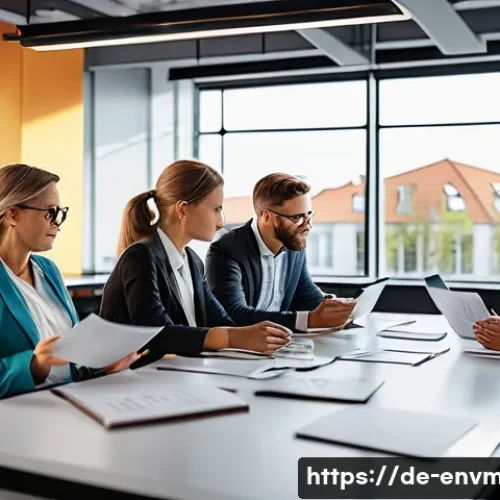 Home 33 환경경영 자격증 취득을 위한 학습법 - A modern office environment in Germany with a diverse group of professionals collaborating around a ...