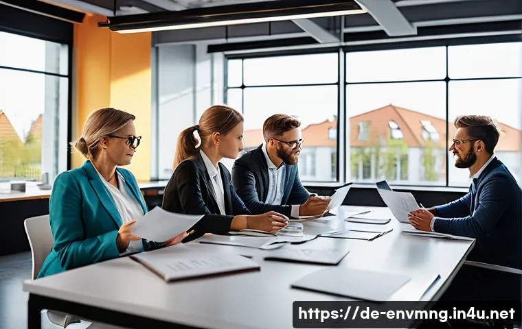 환경경영 자격증 취득을 위한 학습법 - A modern office environment in Germany with a diverse group of professionals collaborating around a ...