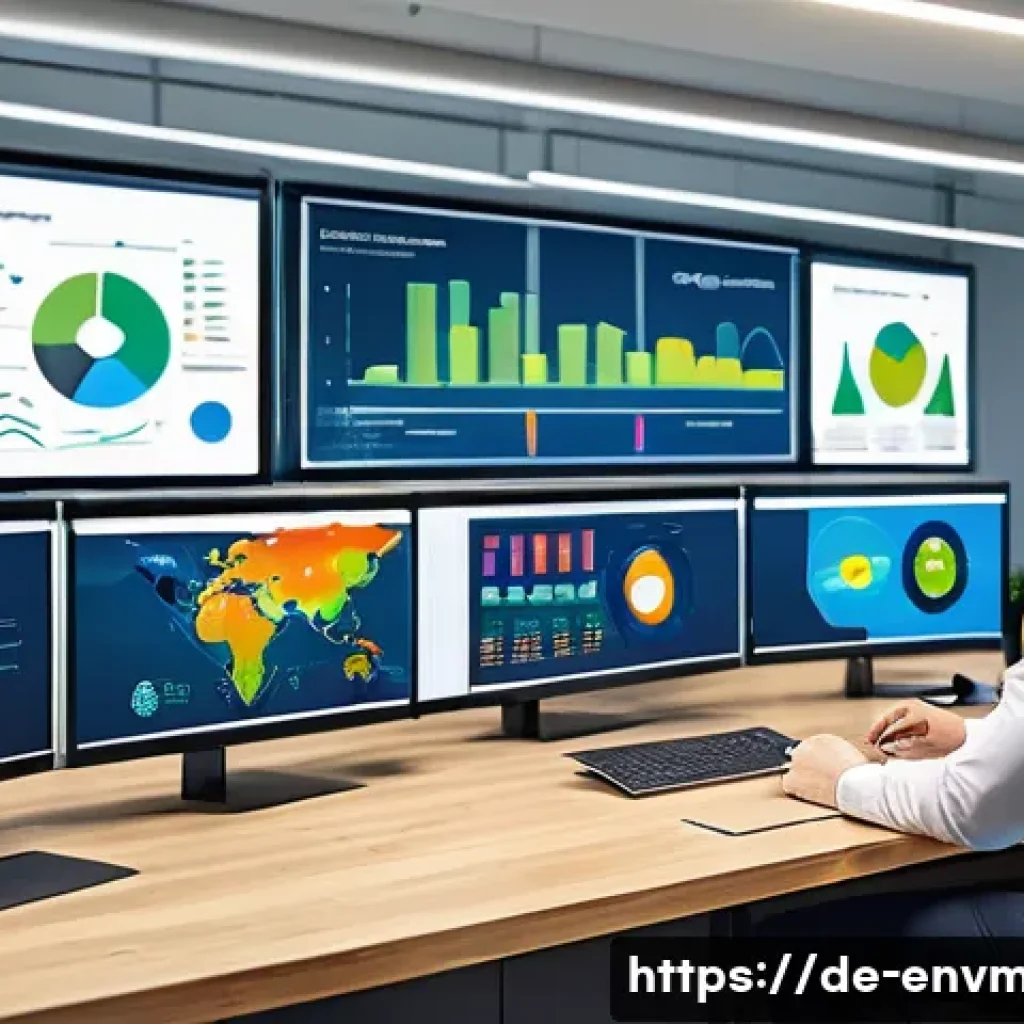 환경경영 직무 관련 인터뷰 질문 - A modern corporate office environment showing a diverse team of environmental managers analyzing eco...