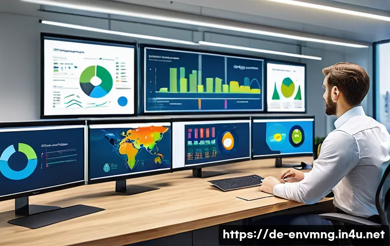 환경경영 직무 관련 인터뷰 질문 - A modern corporate office environment showing a diverse team of environmental managers analyzing eco...