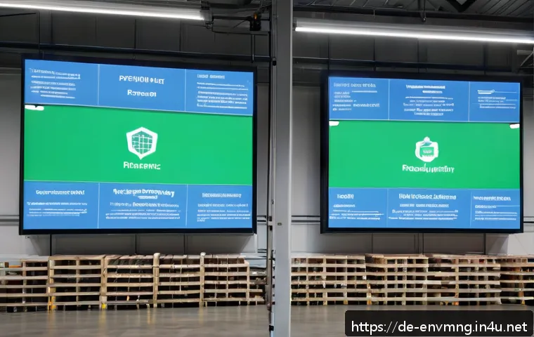 환경경영 이론 및 실습 - A modern, bright warehouse interior showcasing a sustainable supply chain in Germany: digital screen...