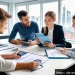 Home 18 환경경영 실기 시험 대비 핵심 포인트 - A professional office scene showing a diverse group of German environmental management students stud...