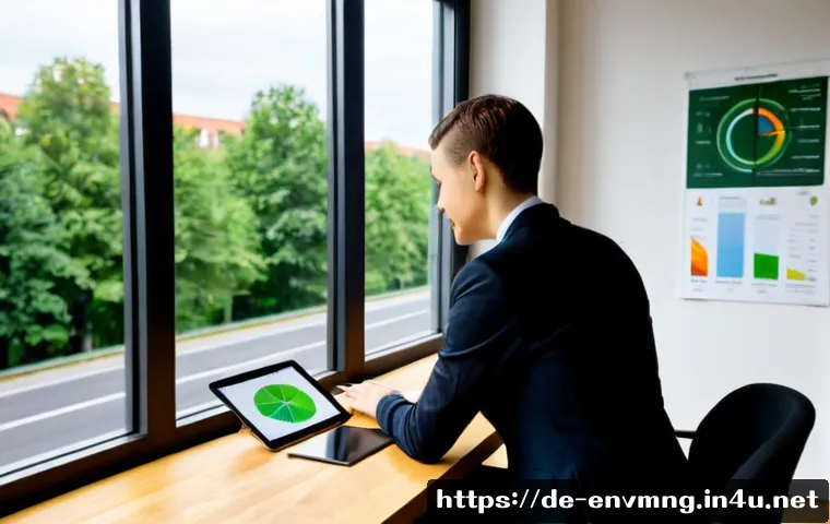 환경경영 이직 준비 - Photorealistic career transition scene in Germany: a mid-career professional in smart business-casua...